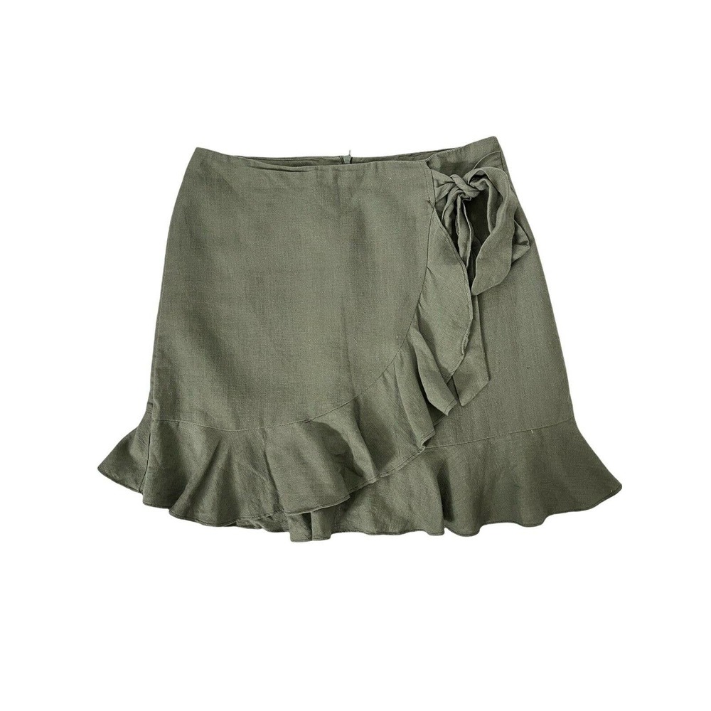 AVA Womens Skirt Ruffled Green Faux Wrap A-Line Back Zipper Front Tie Size 8
